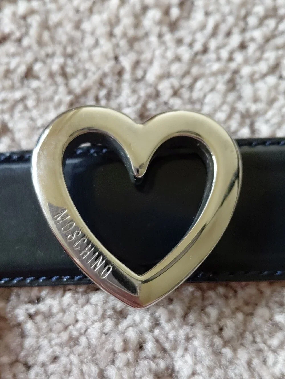 Moschino Black Leather Belt with Silver Heart Buckle